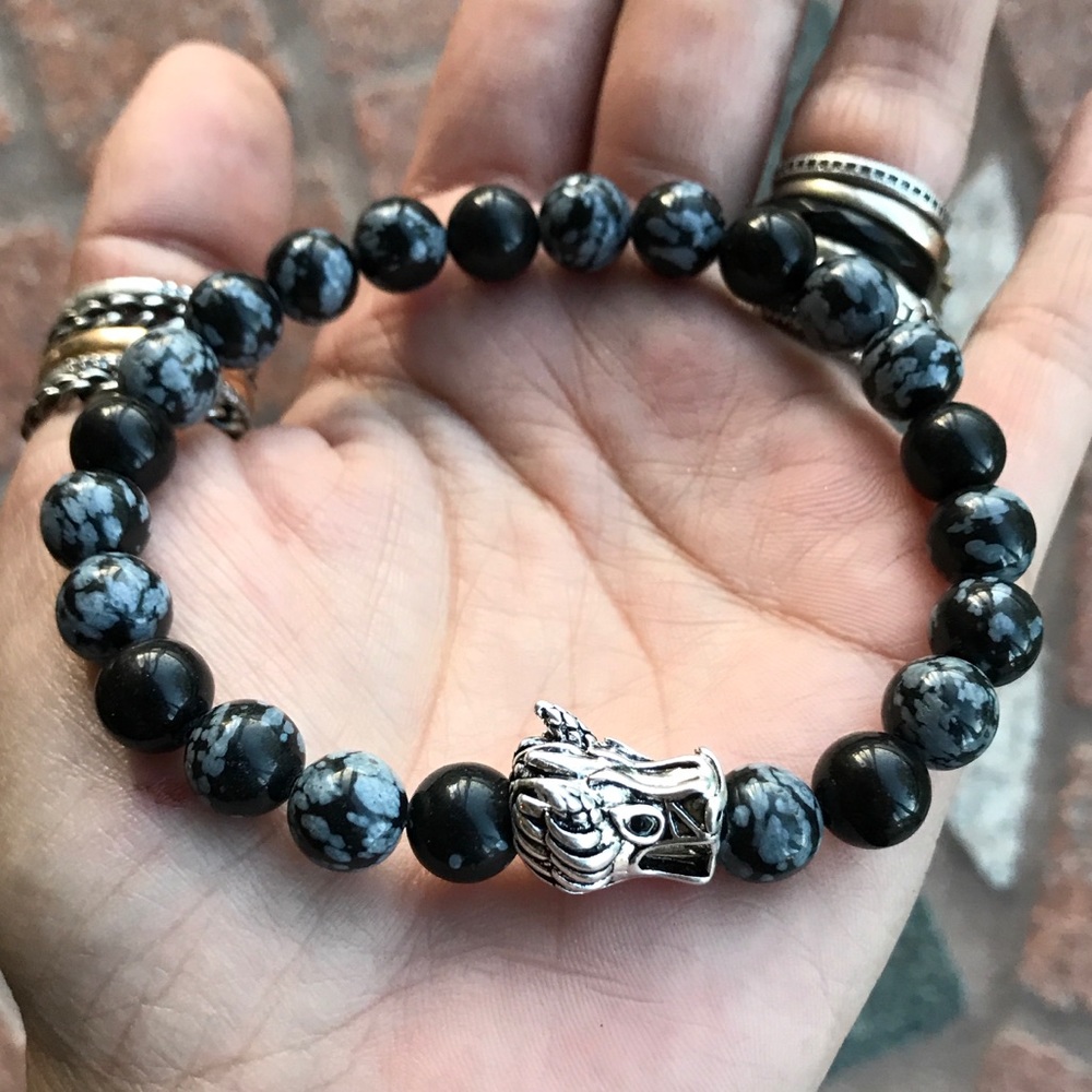 Genuine Obsidian gemstones silver dragon bracelet - Picture 3 of 8